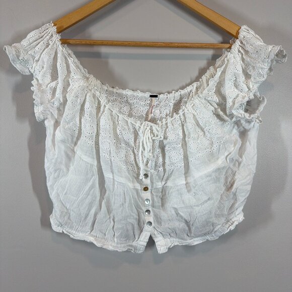 Free People White Eyelet Crop Top Small Ruffled Feminine Button Front Tie Light - Picture 2 of 7